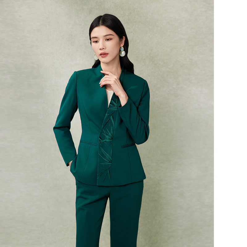 【晨晨精选】【刺绣西装套装】粉蓝衣橱东方感竹纹设计西装喇叭裤两件