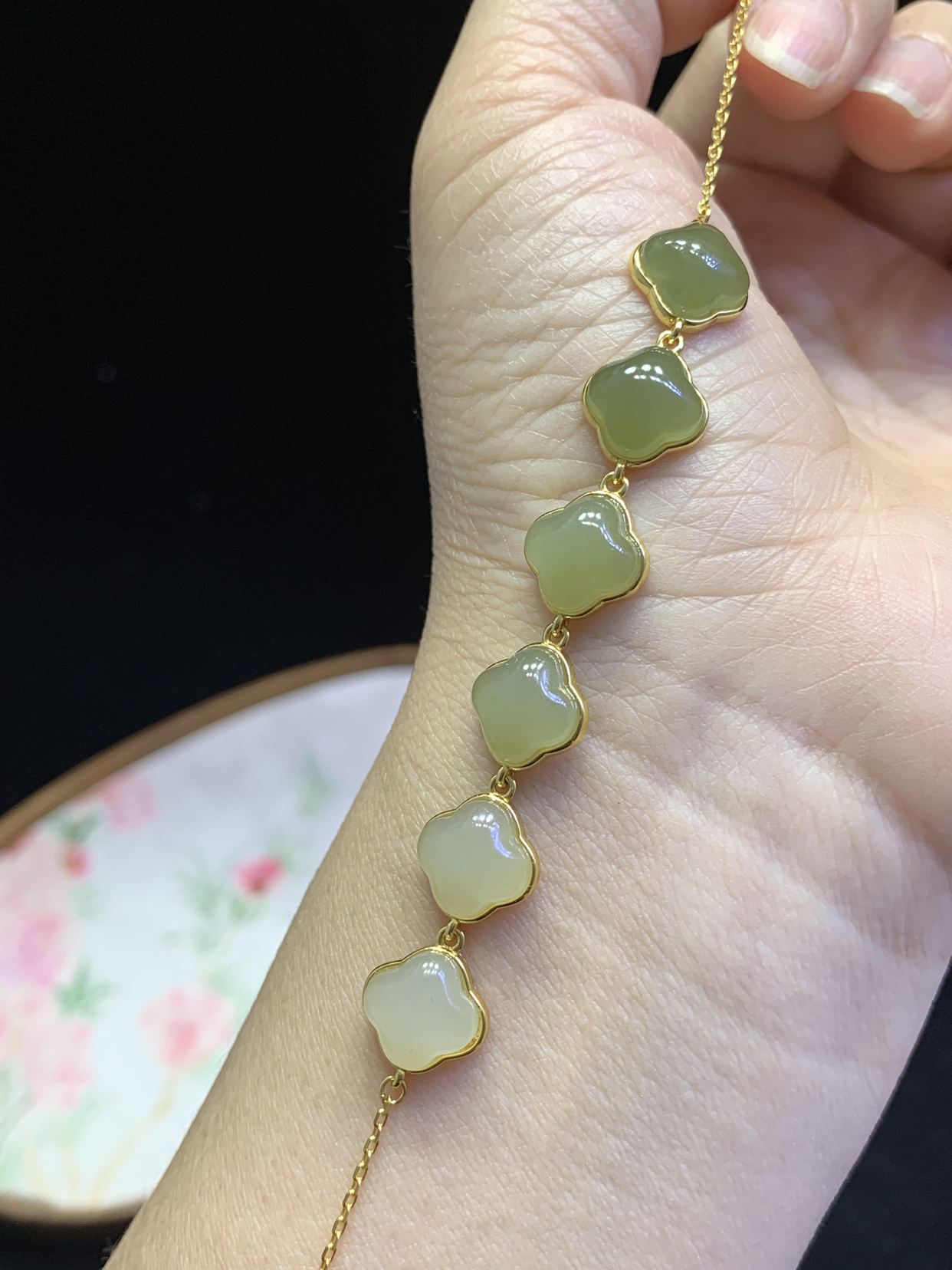 (惠雅珠宝)和田玉晴水渐变手链925银镀金镶嵌