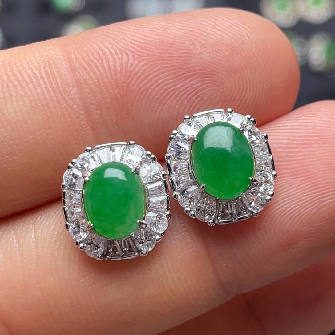 翡翠银S925镶嵌耳饰纯天然缅甸翡翠A货