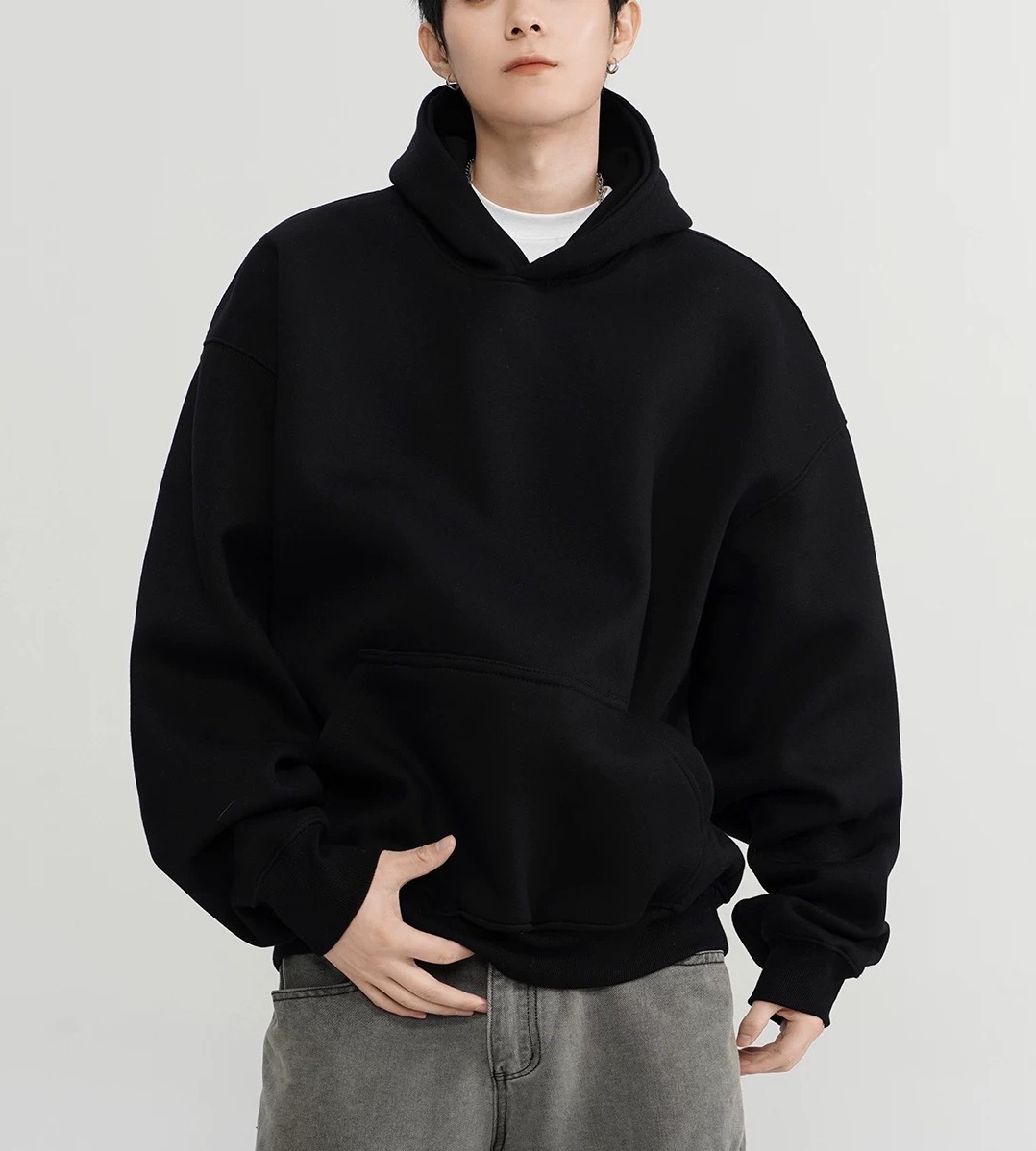2025新品高克重纯色无帽绳基础款连帽卫衣潮牌宽松极简风男女上衣