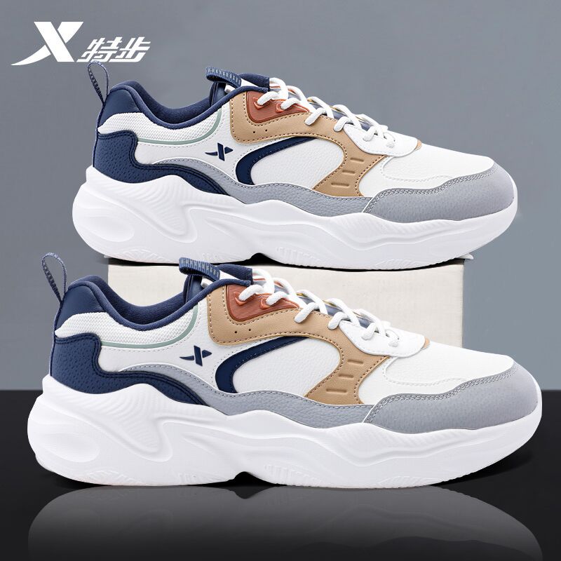 特步男鞋减震耐磨冬季跑步鞋老爹鞋皮面厚底保暖休闲鞋子正品防滑