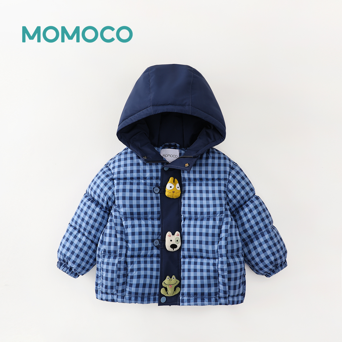 MOMOCO冬季男女童蓝色格子小狗夹棉保暖卡通棉服外套77430101039