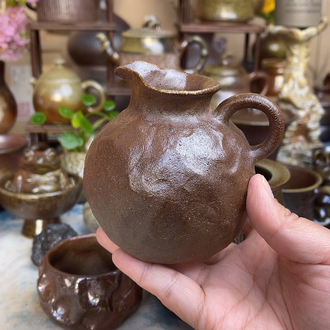 柴烧手捏酒壶可配软木塞