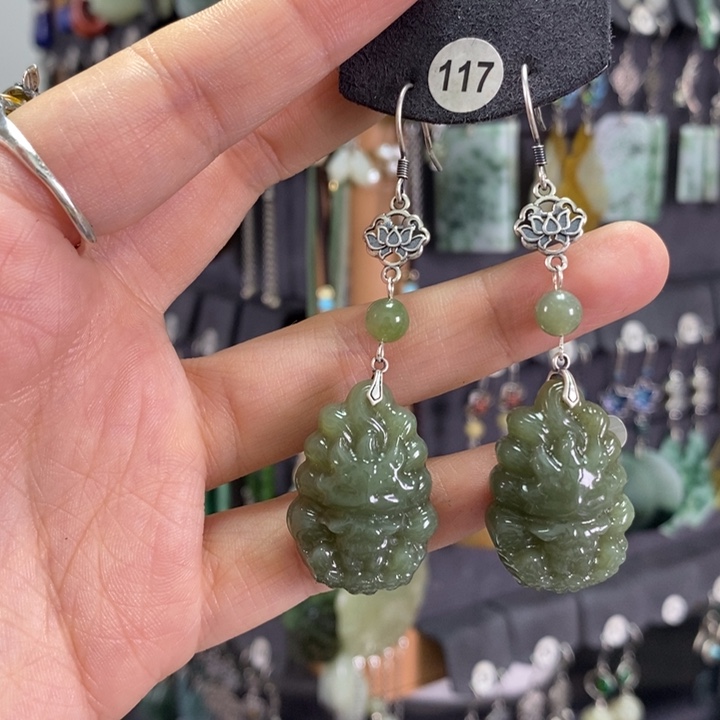 和田玉耳饰银S925镶嵌梦**蝶X34