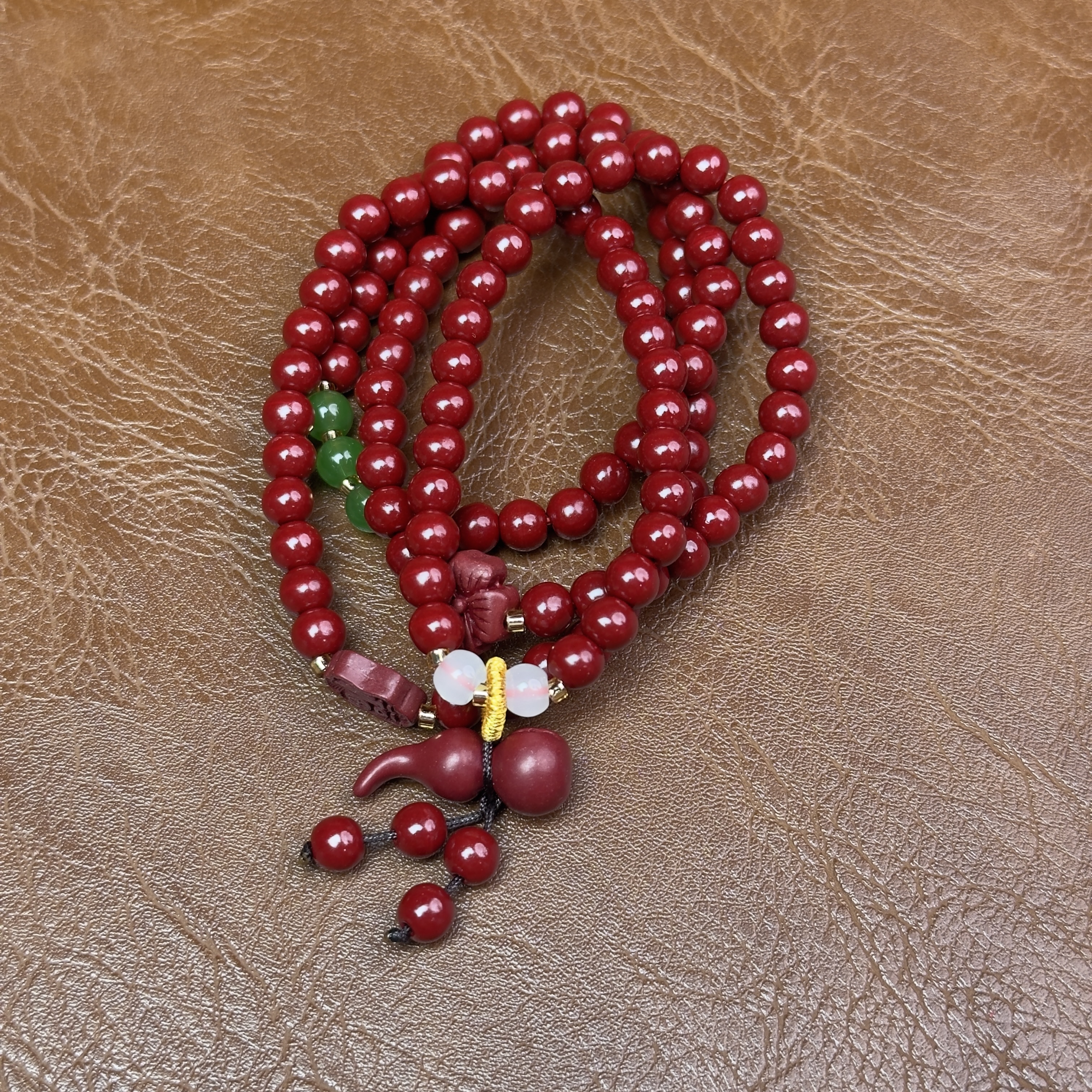 天然辰砂朱砂三绿珠+葫芦挂坠（无礼盒）K291