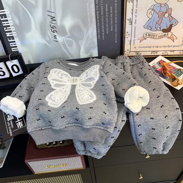 2025秋冬上新女童加绒加厚套装蝴蝶结洋气韩版两件套