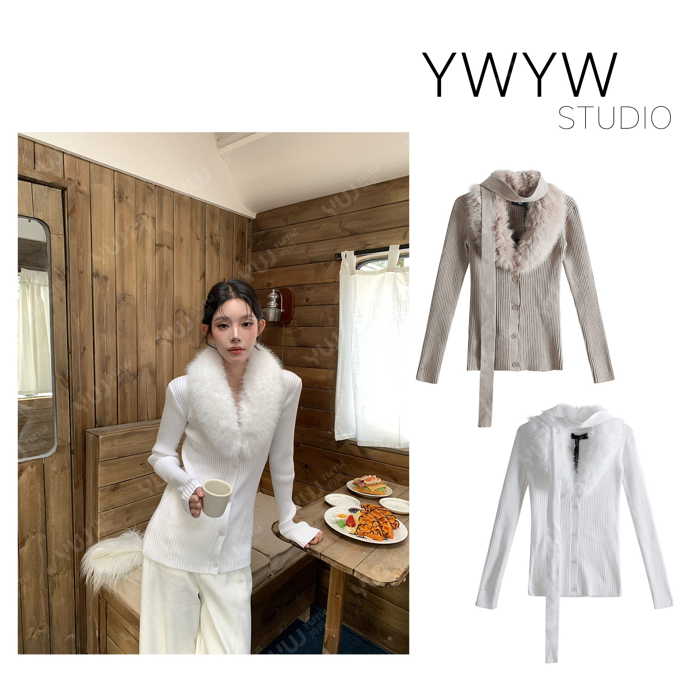 【YWYW25F/W】秋冬气质拆卸毛毛领纯色百搭保暖针织衫5908