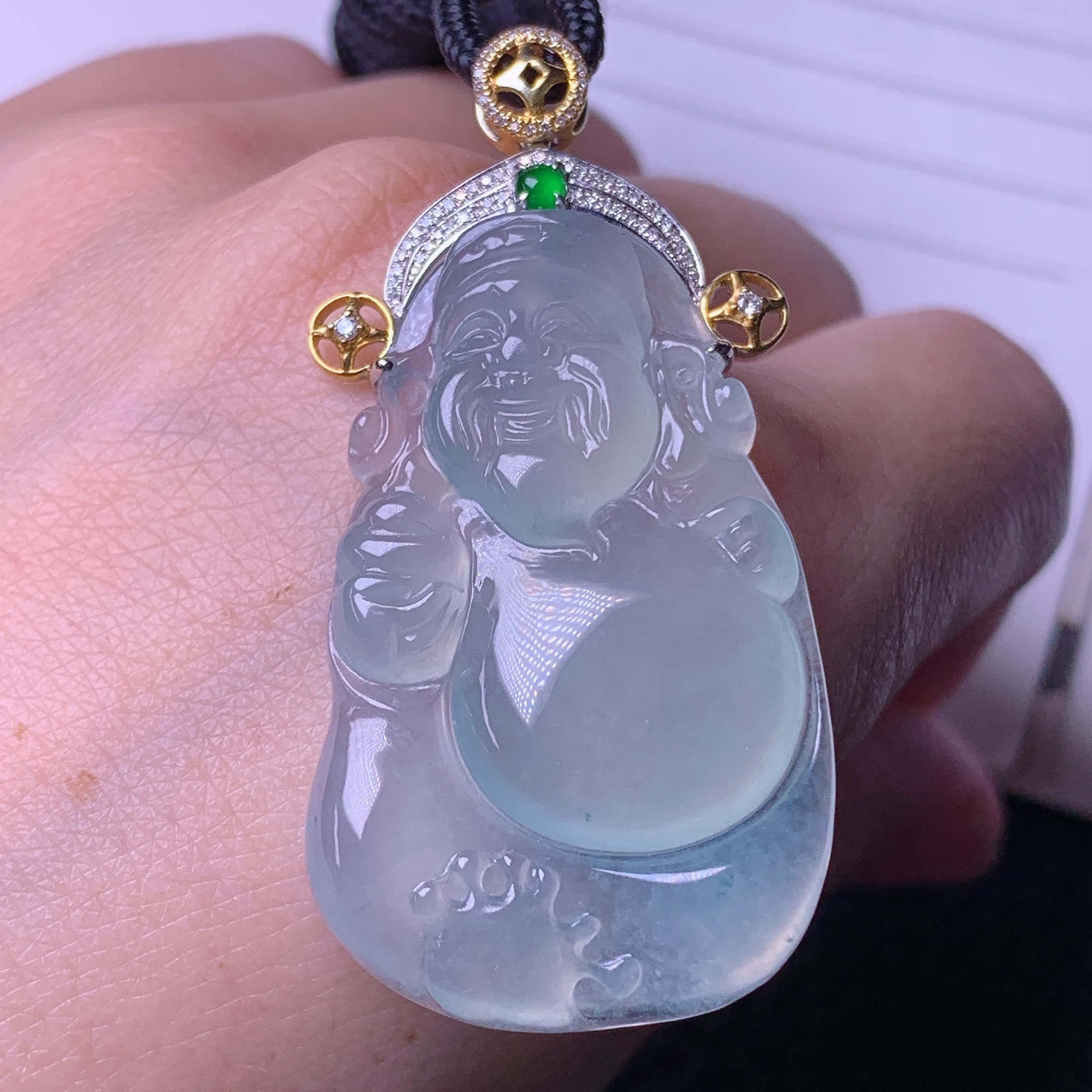 天然缅甸a货翡翠冰蓝带甜绿财神爷18k金钻玉吊坠49/39/25/5.5