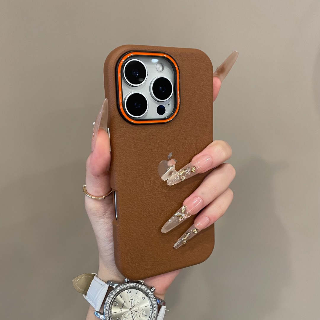 高级感撞色镜框纯色荔枝纹适用iPhone16手机壳15pm新14防摔13pro