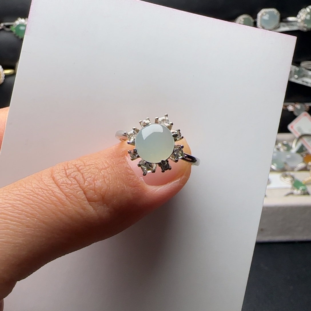 翡翠戒指银S925镶嵌天然缅甸A货翡翠