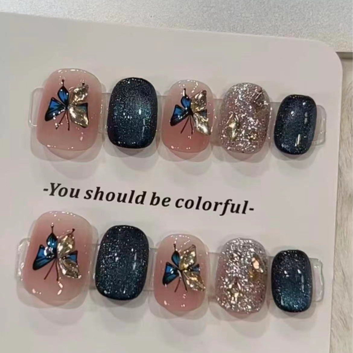 纯手工蓝色蝴蝶显白高级感手工穿戴甲10片装