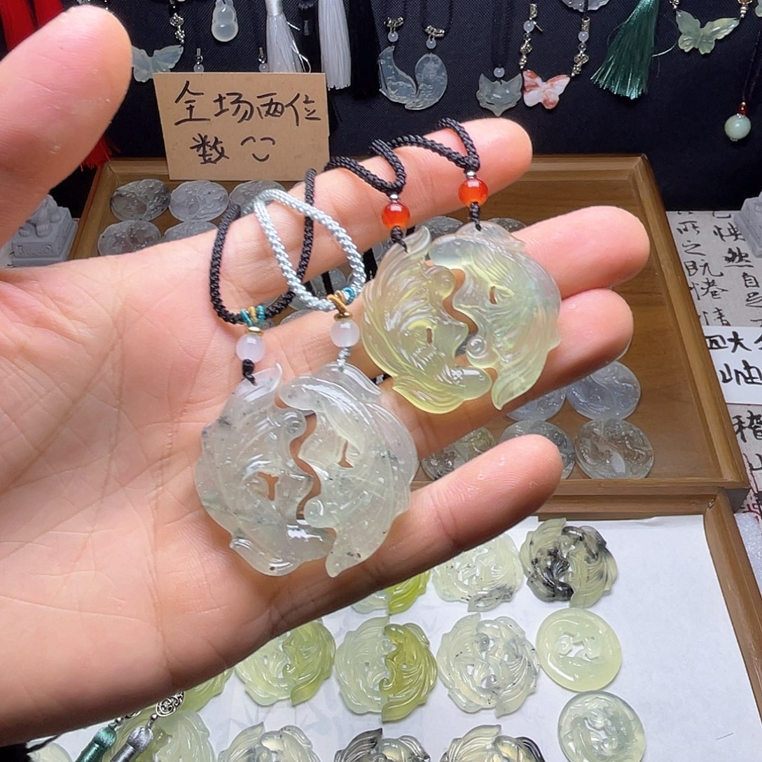 岫玉未镶嵌岫玉双鱼玉佩吊坠项链