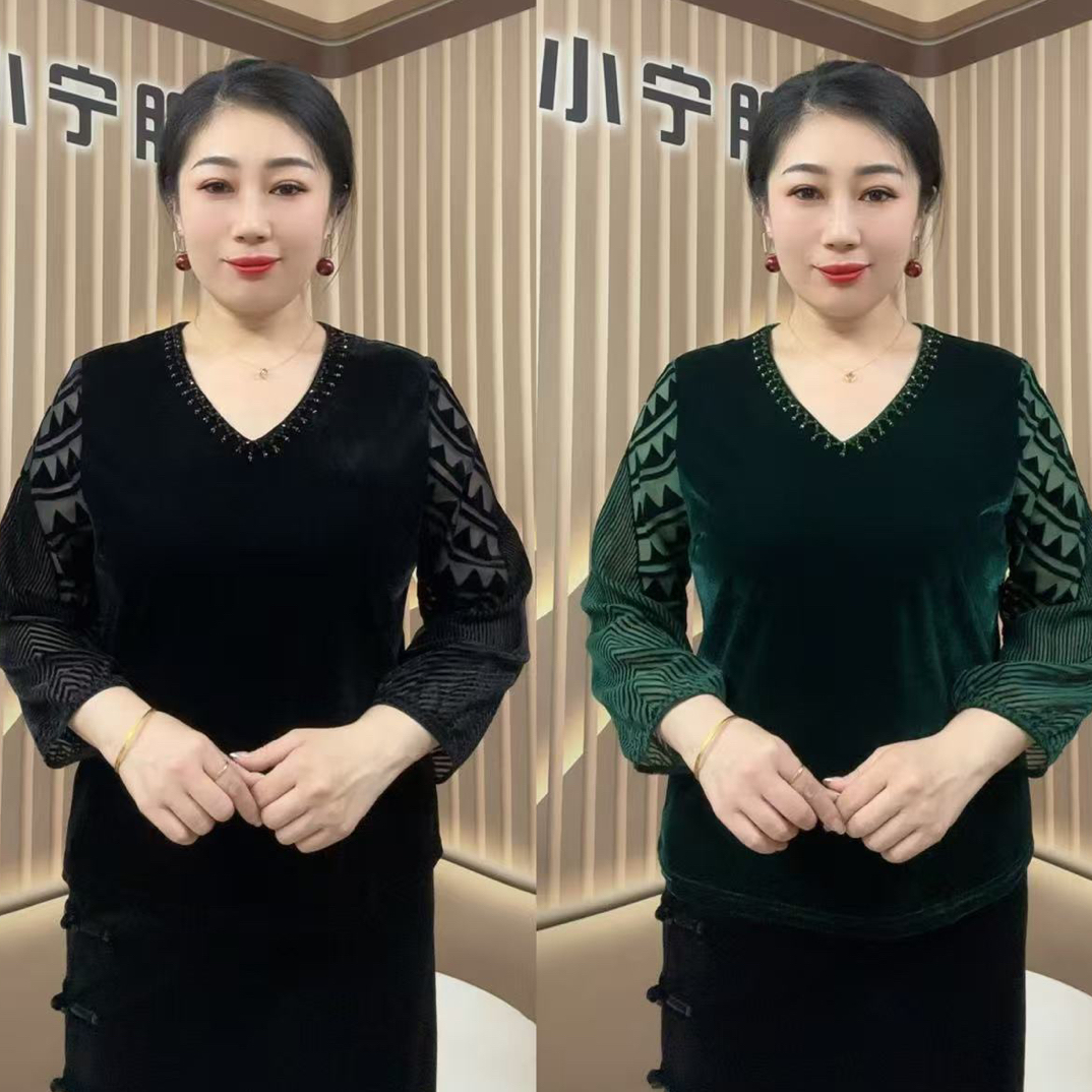 时尚钉珠V领丝绒烧花妈妈装上衣