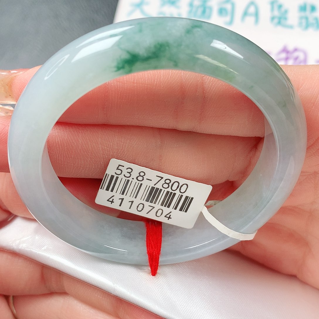 翡翠手镯未镶嵌冰飘蓝花正圈53圈口11号