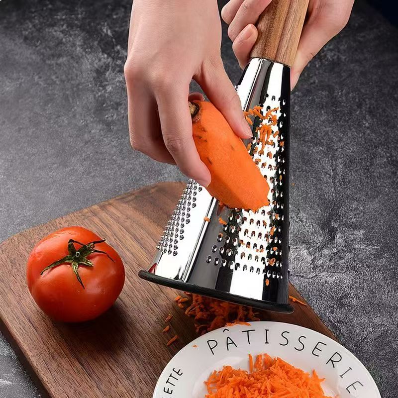 立式木柄不锈钢圆锥三面蔬菜刨芝士奶酪刨丝器瓜果多功能刨切丝器