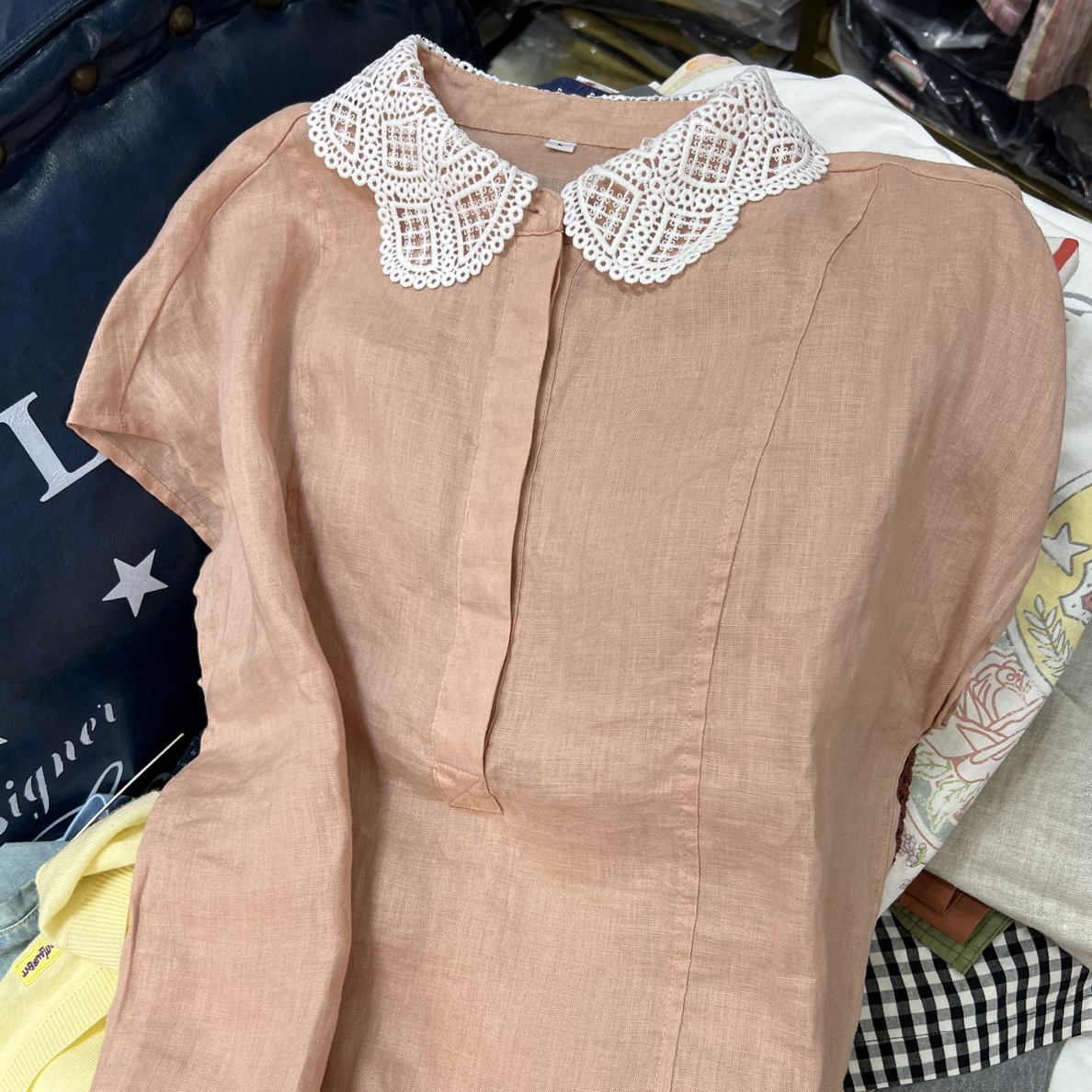 水溶花边娃娃领亚麻短袖衬衫女夏季宽松洋气设计感衬衣