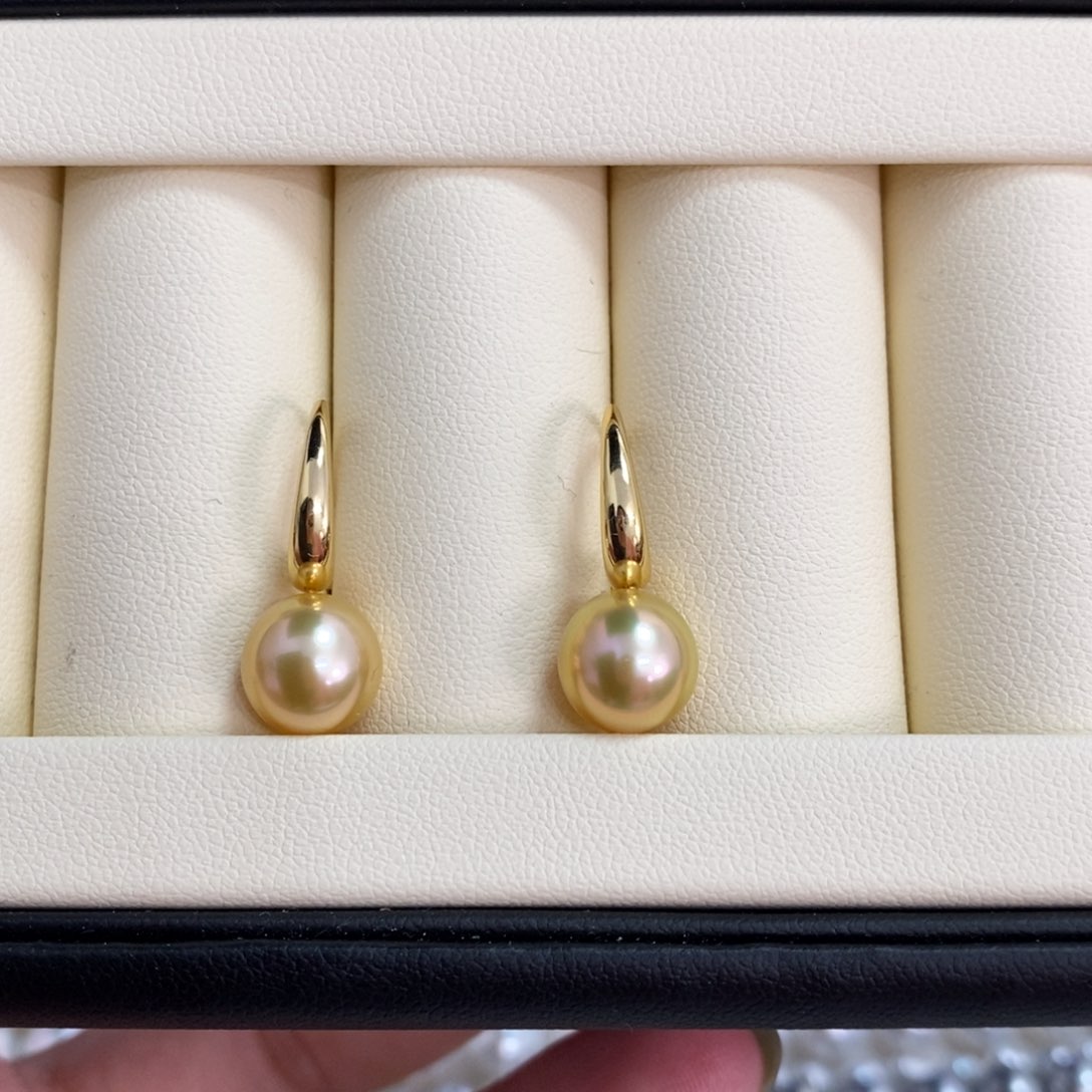 海水珍珠耳饰银S925镶嵌9.3mm 金珠耳钩