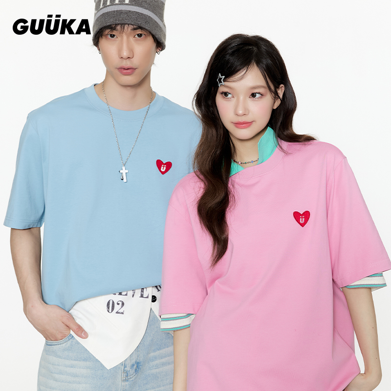 Guuka/古由卡潮牌爱心刺绣圆领短袖男纯棉情侣装t恤夏季新款F6612