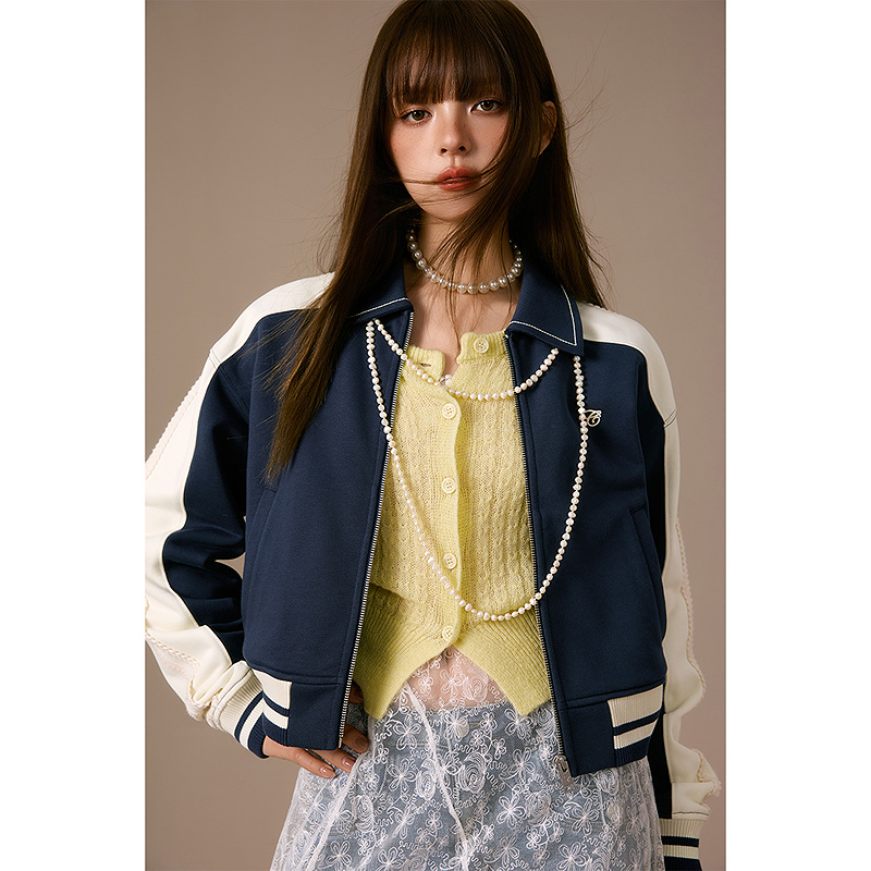 CHUU撞色拼接外套女士2025冬季新品花边拼接字母绣花翻领长袖夹克