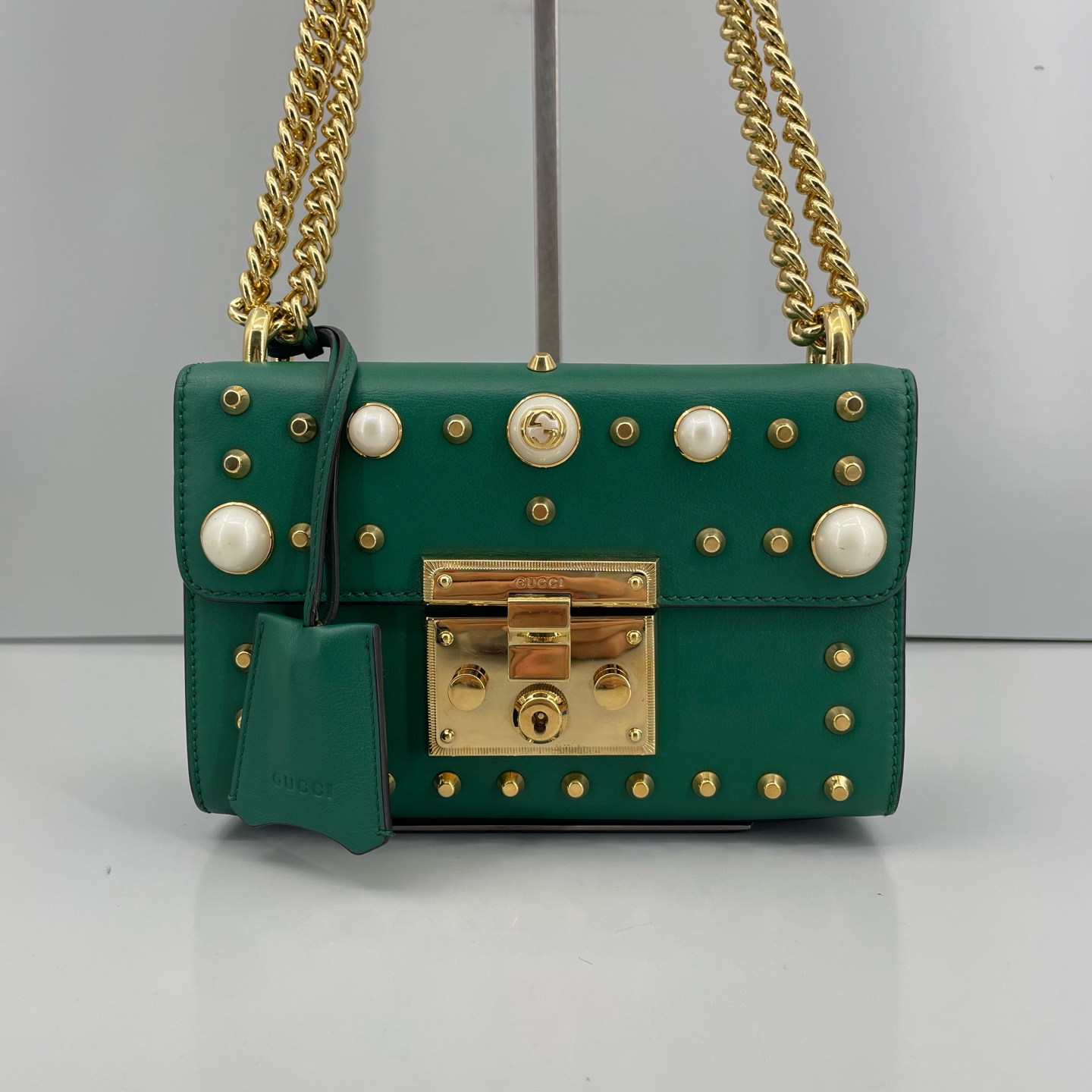 95新 GUCCI/古驰 优选/月光宝盒珍珠铆钉绿色链条包黑标023/20×13