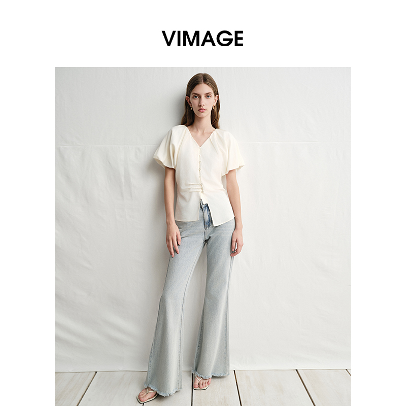 VIMAGE/纬漫纪夏季法式V领泡泡袖显瘦短袖压褶设计上衣V2309909