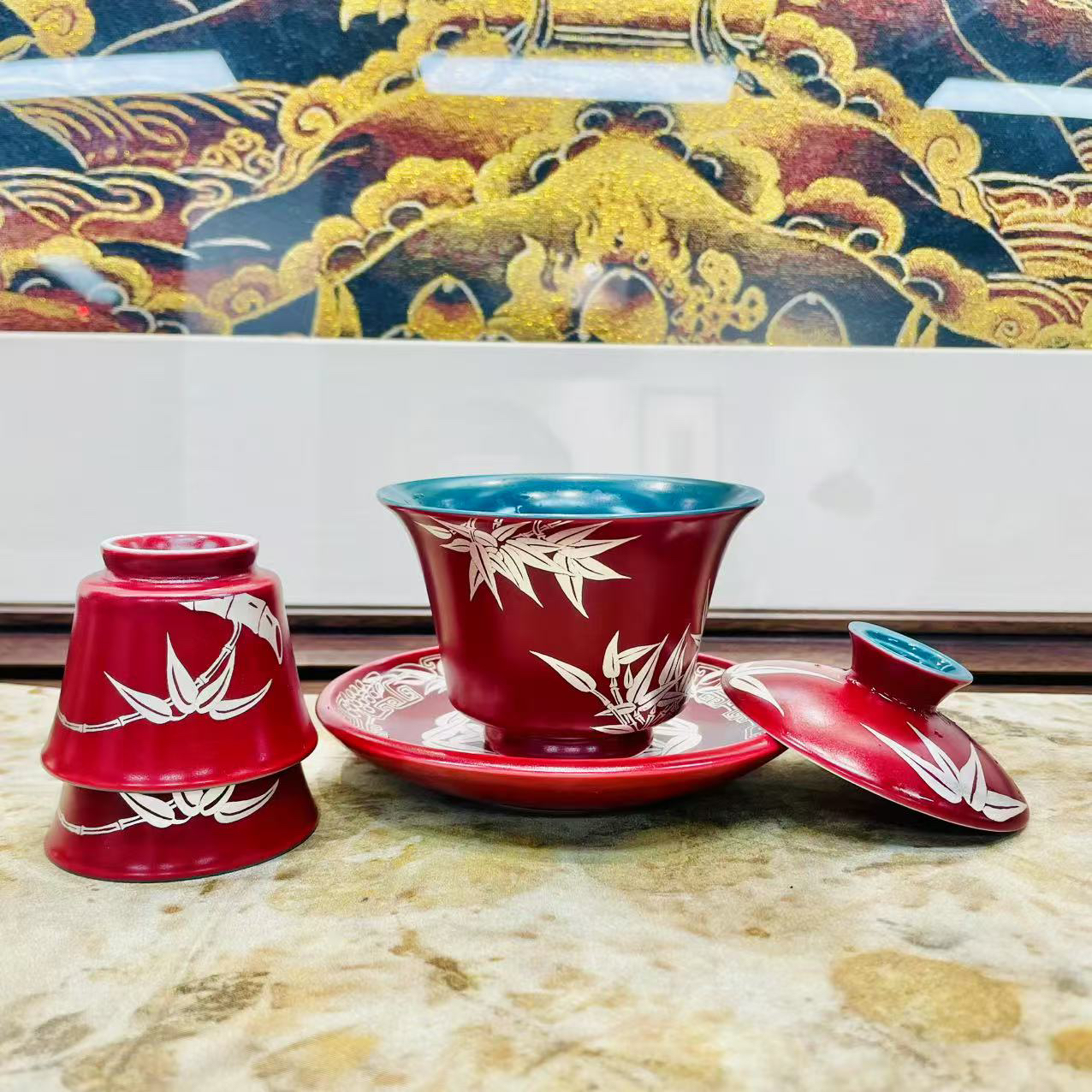 ZHZ085-宫墙红竹子盖碗+两杯（75）