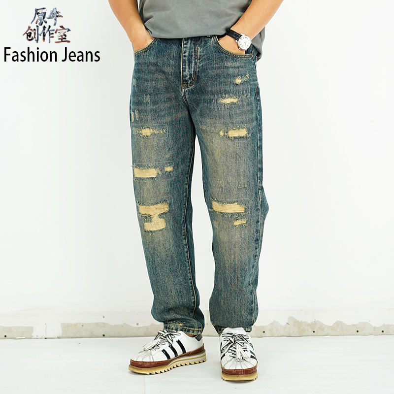 新款刺绣贴布美式直筒牛仔裤男高街潮牌复古宽松男款男士牛仔裤