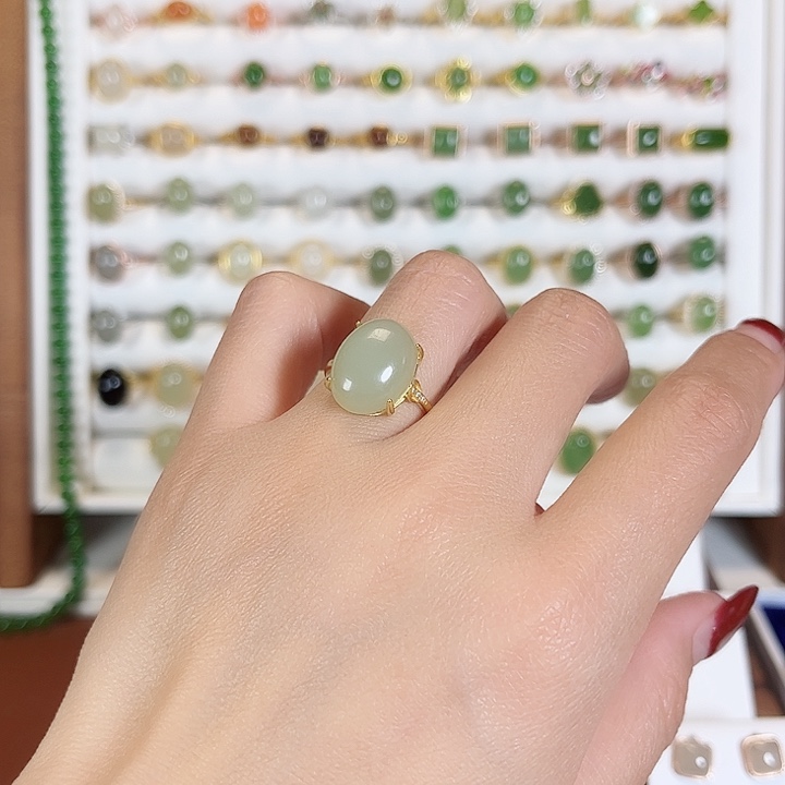 和田玉戒指银S925镀金镶嵌