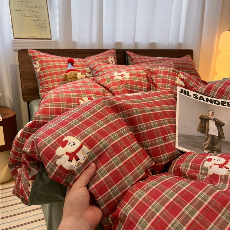 A类红色条格全棉磨毛四件套纯棉床品套件简约春秋产品套件冬季