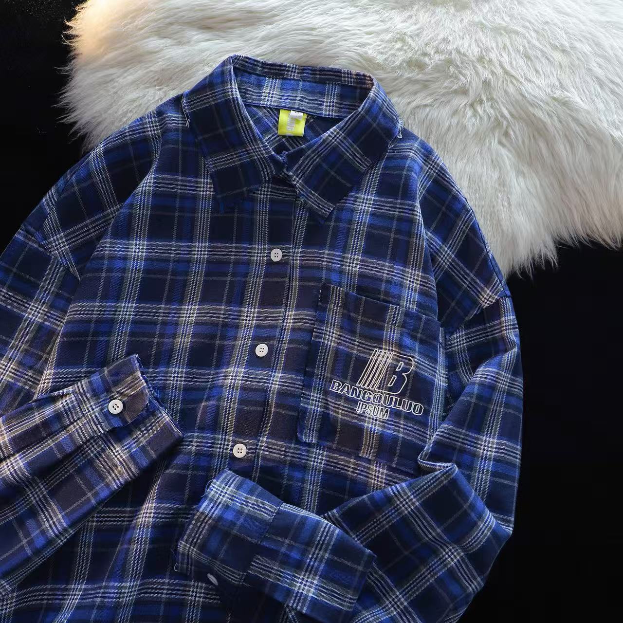 【25505】原创潮牌刺绣薄款polo领格子衫男女同款情侣款