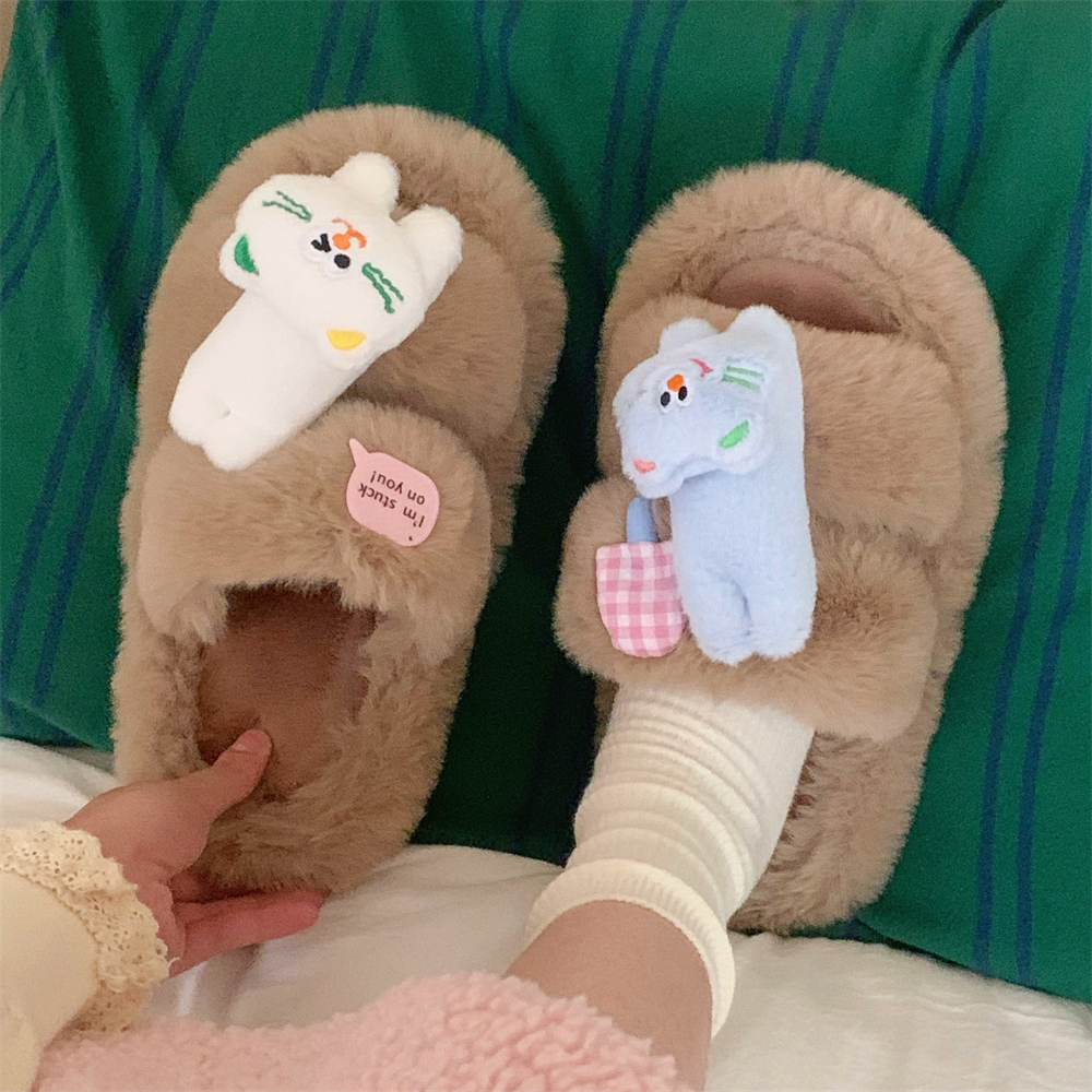 冬季可爱蓝白小猫少女心新款学生保暖室内外毛毛拖鞋二字棉拖鞋女