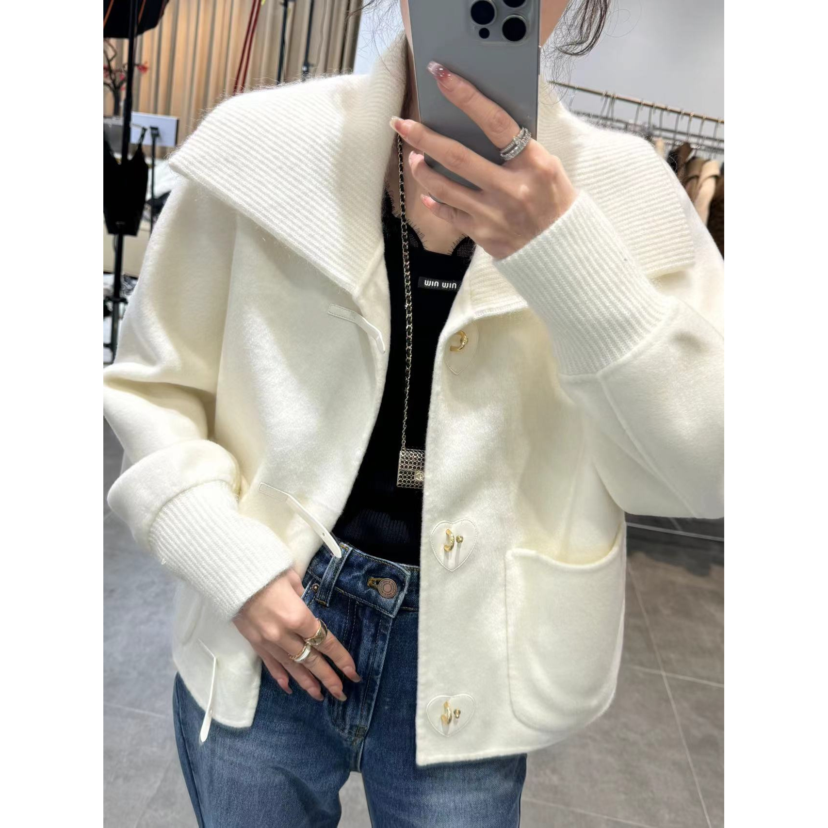 DM•STUDIO/小众短款手工大翻领桃盘扣款羊绒双面毛呢大衣（66136）
