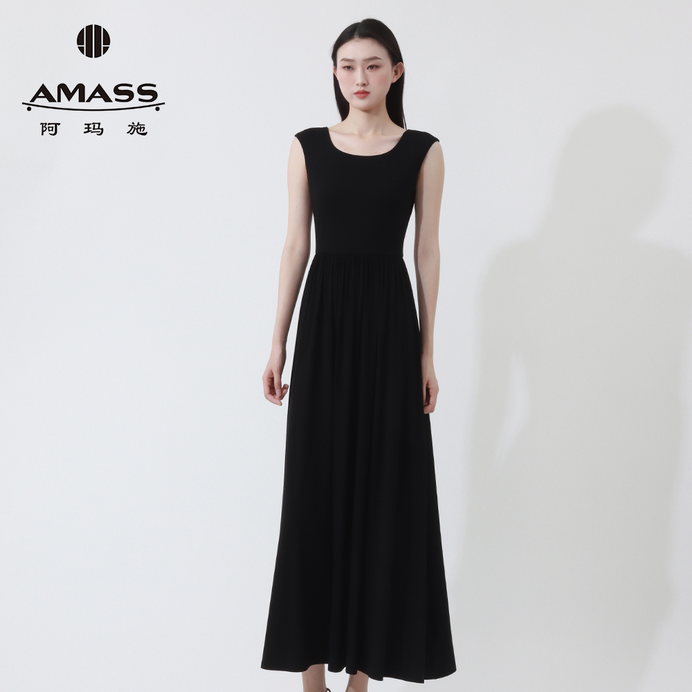 阿玛施女装收腰显瘦气质优雅连衣裙纯色弹力打底背心裙春夏550031