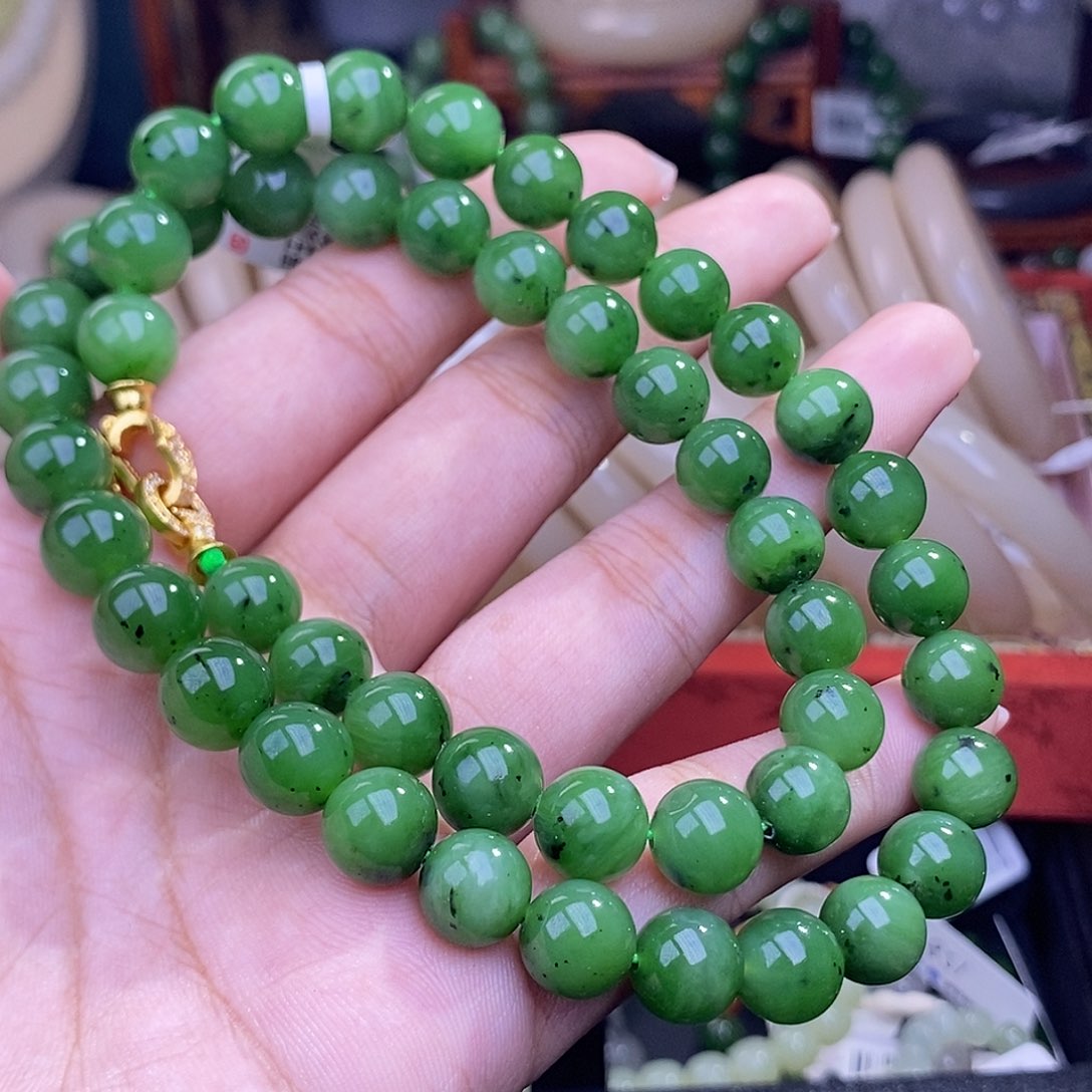 和田玉清货价手串碧玉阳绿妈妈链9mm未镶嵌