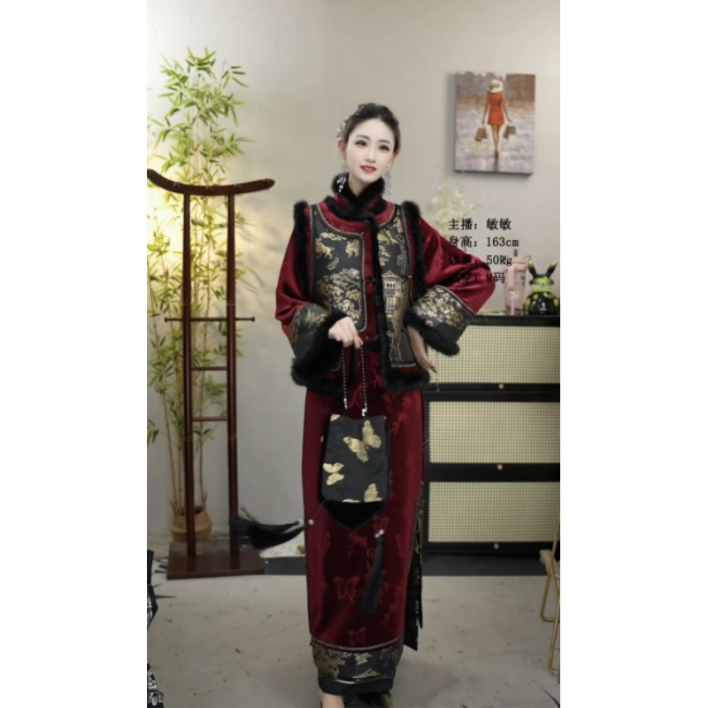 花享悦2024冬季显瘦时尚酒红色气质加绒显瘦女装裙（2302+2420）