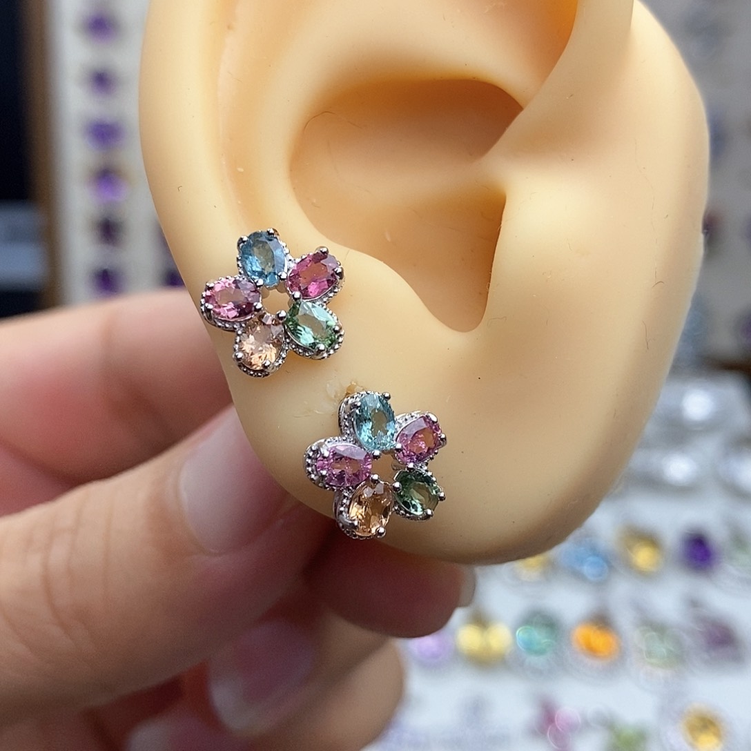 碧玺耳钉银S925镶嵌需要证书备注