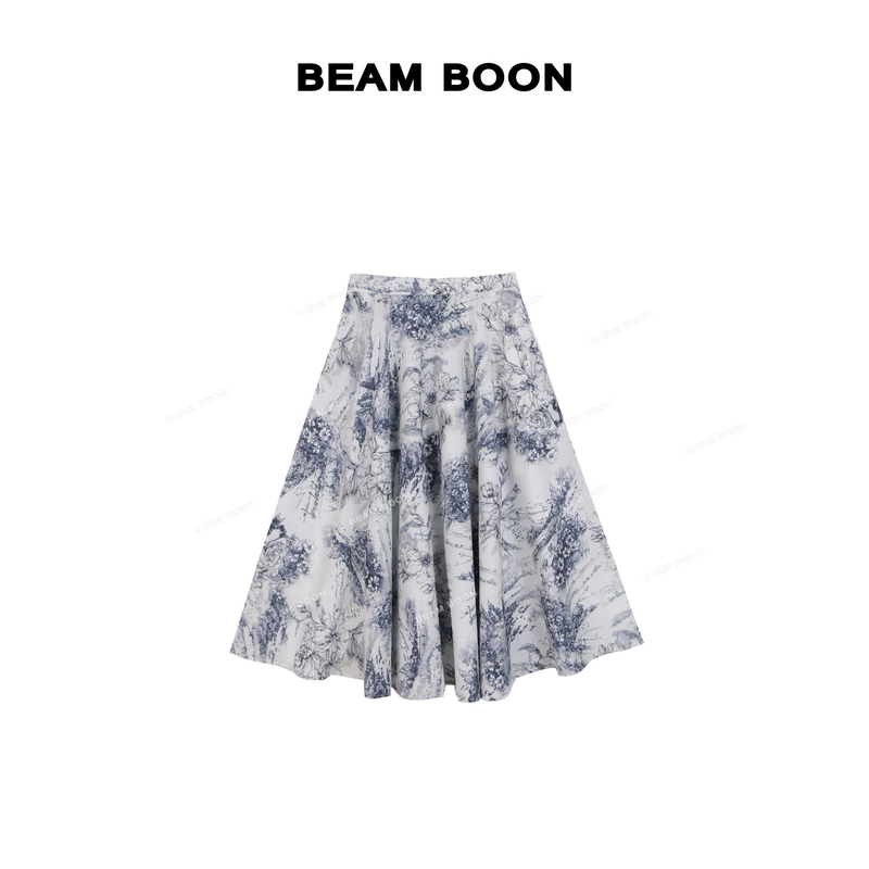 Beam Boon【水墨花间】法式印花立体挺括高腰显瘦A字半身裙