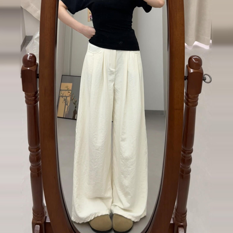 1659白色奶芙西装阔腿裤女夏季2025新款高腰宽松休闲冰丝拖地长裤