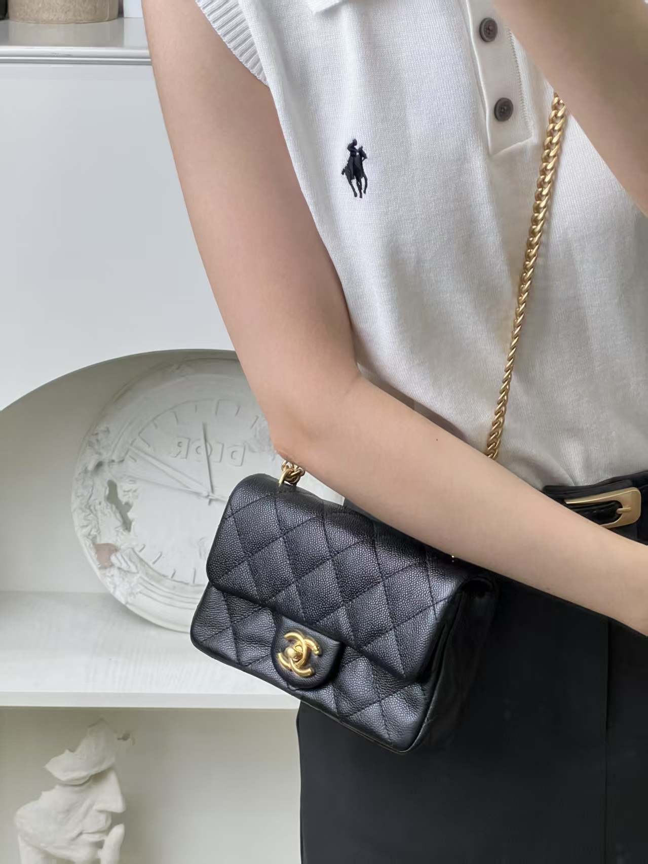 99新 Chanel/香奈儿 香奈儿爱心金球方胖子19黑金荔枝纹/优品