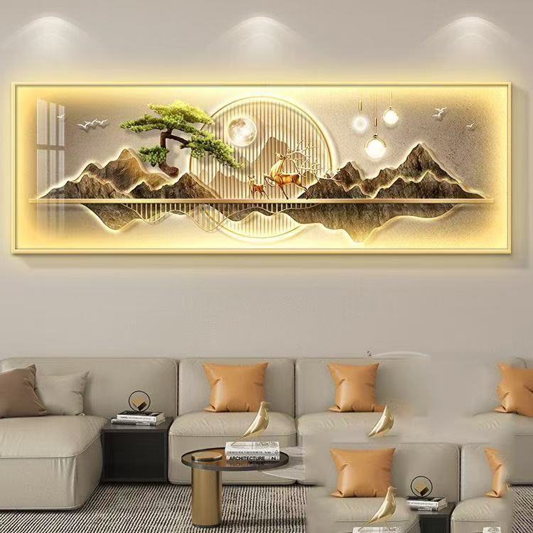 新款大气简约中式风带灯客厅横幅山水挂画高级感装饰画