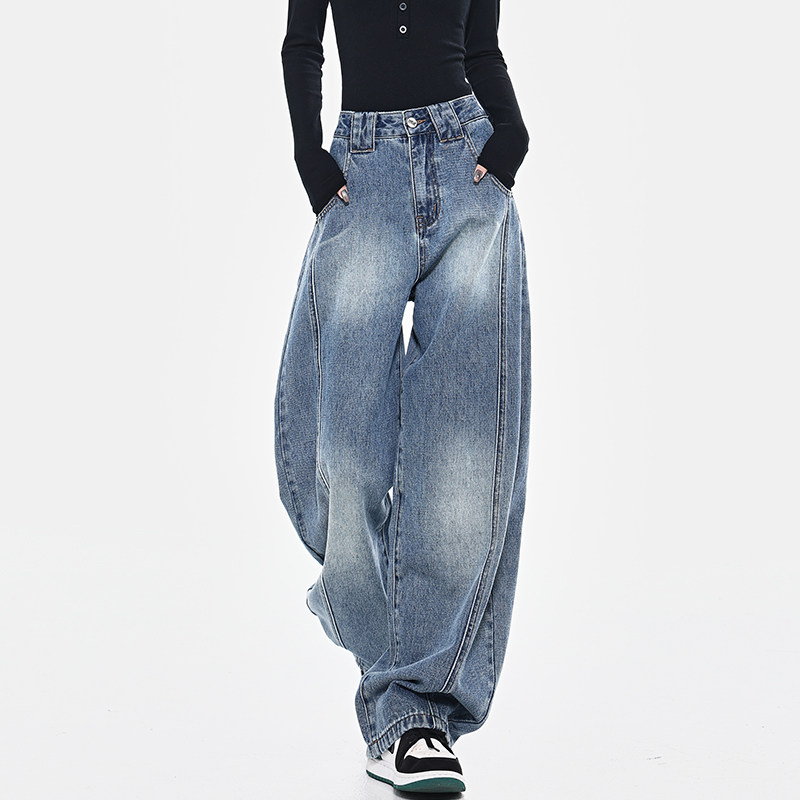 KEN STUDIO宽松加绒镰刀弯刀牛仔裤女美式复古水洗休闲裤长裤裤子