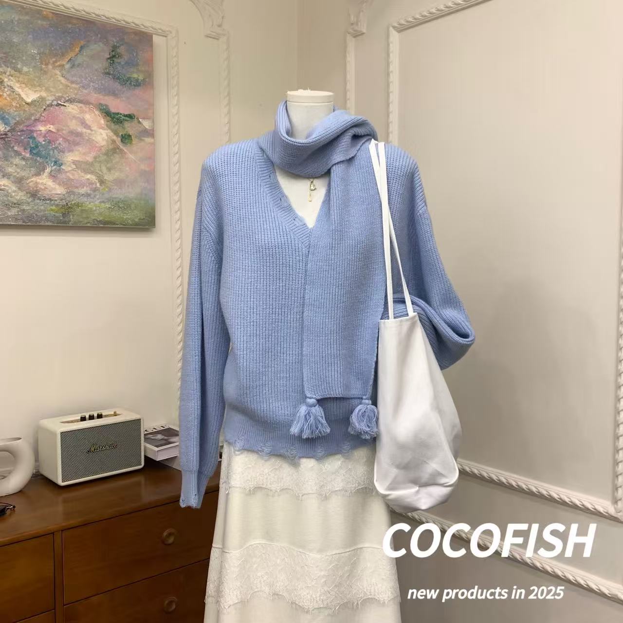 松弛感秋冬韩版配围巾破洞宽松毛衣#E5038