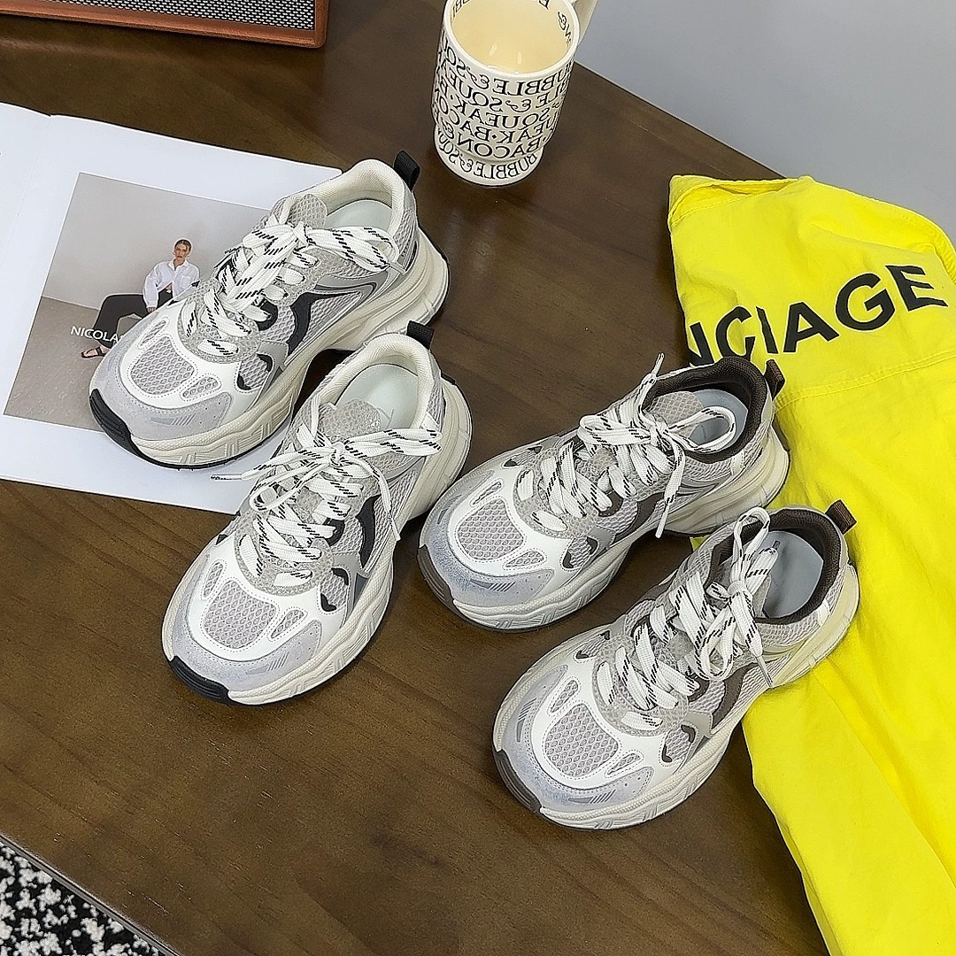 1-112韩版厚底女老爹鞋2025新款真皮休闲鞋小怪兽运动鞋擦色做旧