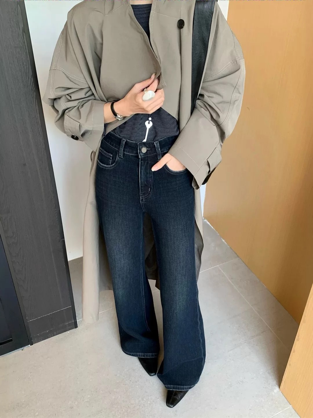 A-01【蓝】秋冬款新款翻边直筒牛仔裤高腰宽松显瘦弹力九分烟管裤