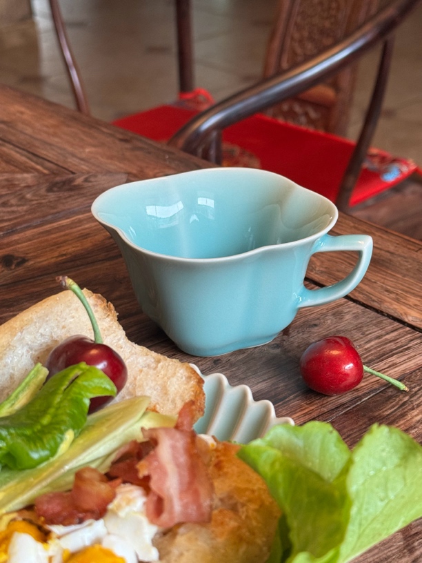 海棠花口手工咖啡杯龙泉粉青180ml陶瓷单独杯链接碟另外的链接