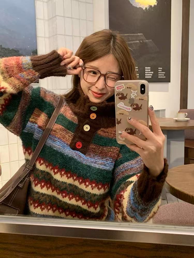 （581-640）2025冬季新款费尔岛彩色扣子复古宽松毛衣（NO退NO换）