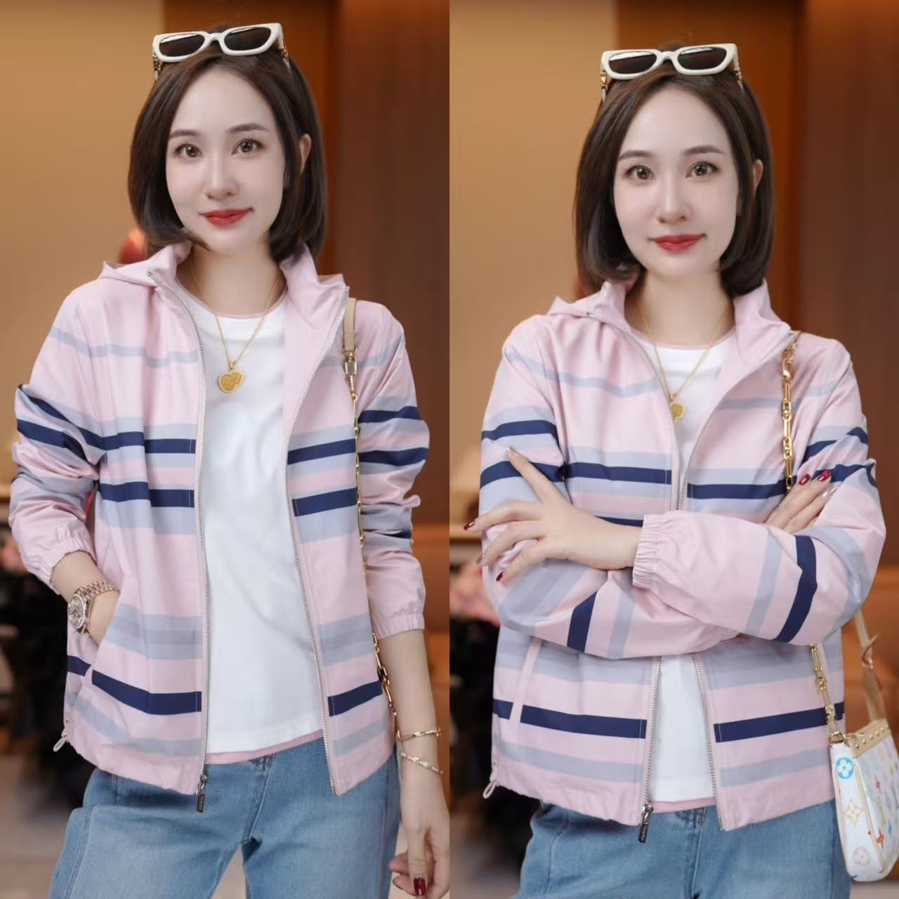 JDND轩羽【粉韵畅旅】早秋撞色时尚软壳冲锋衣外套XY2548