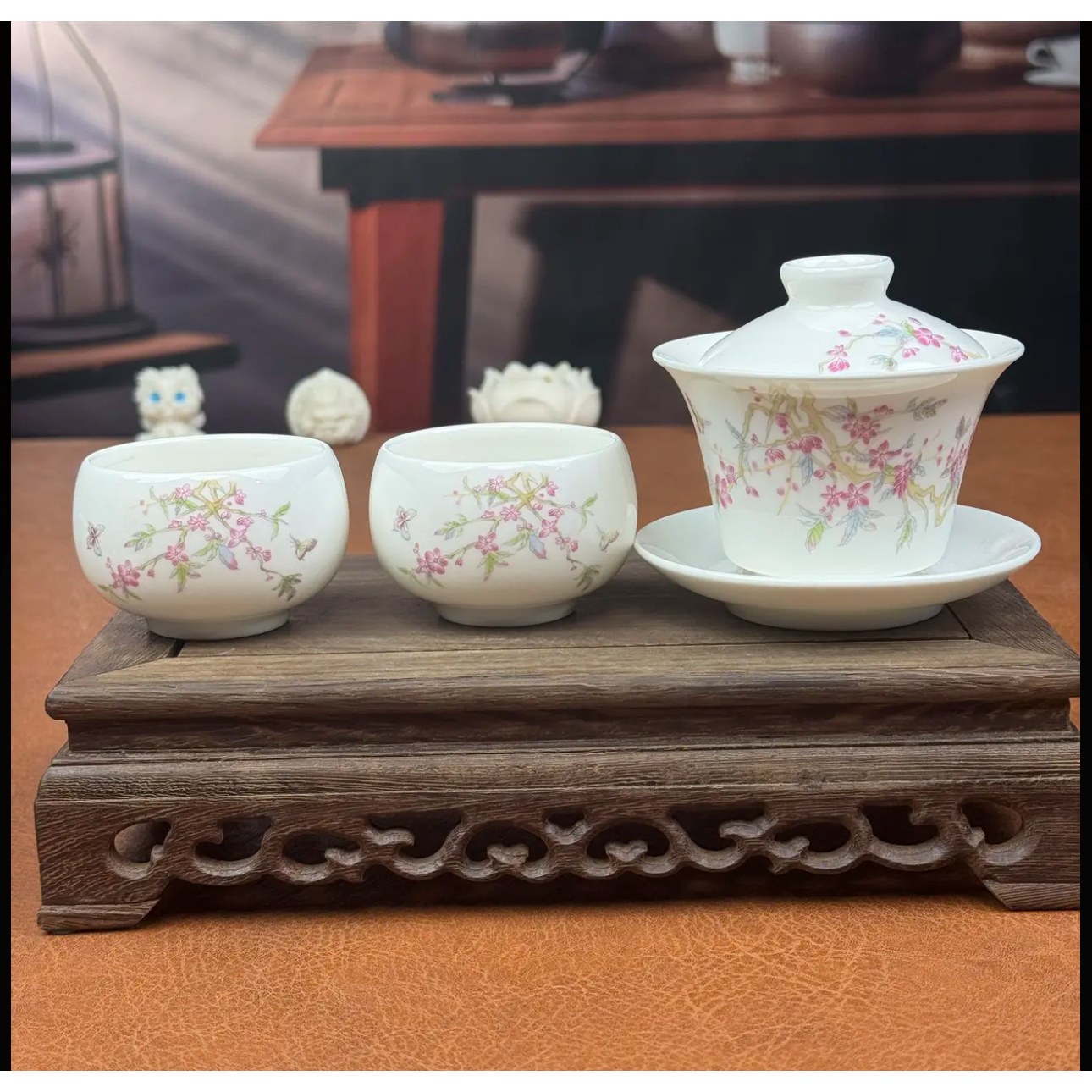 ZH3423 -桃李春风一盖碗两杯+密胺白色小茶盘