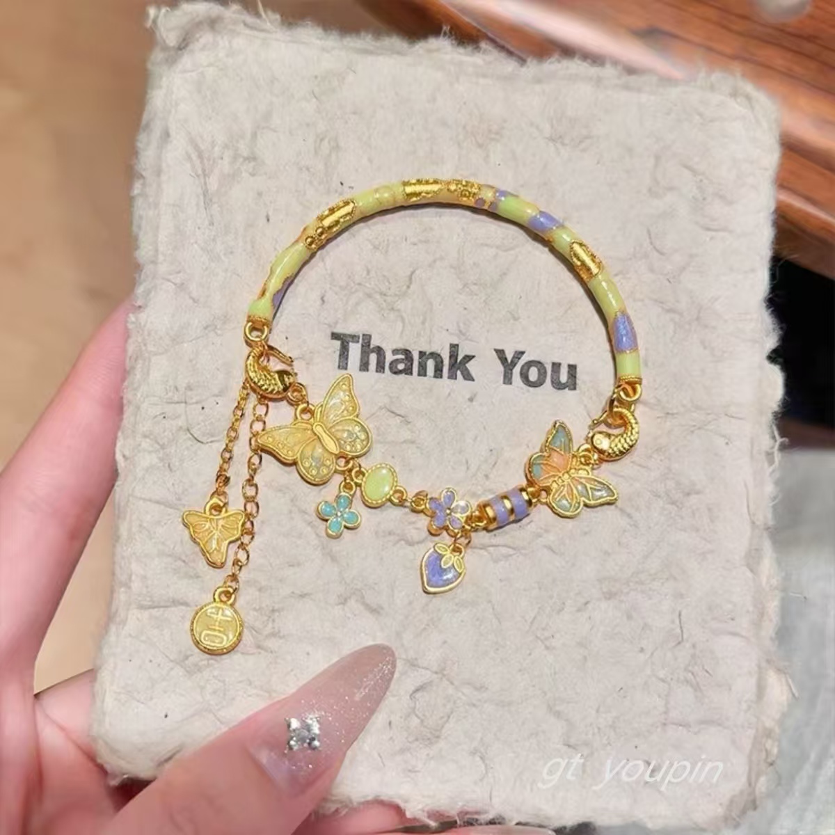 铜合金手链 烧蓝珐琅蝶恋花蝴蝶流苏半镯手链气质时尚轻奢百搭