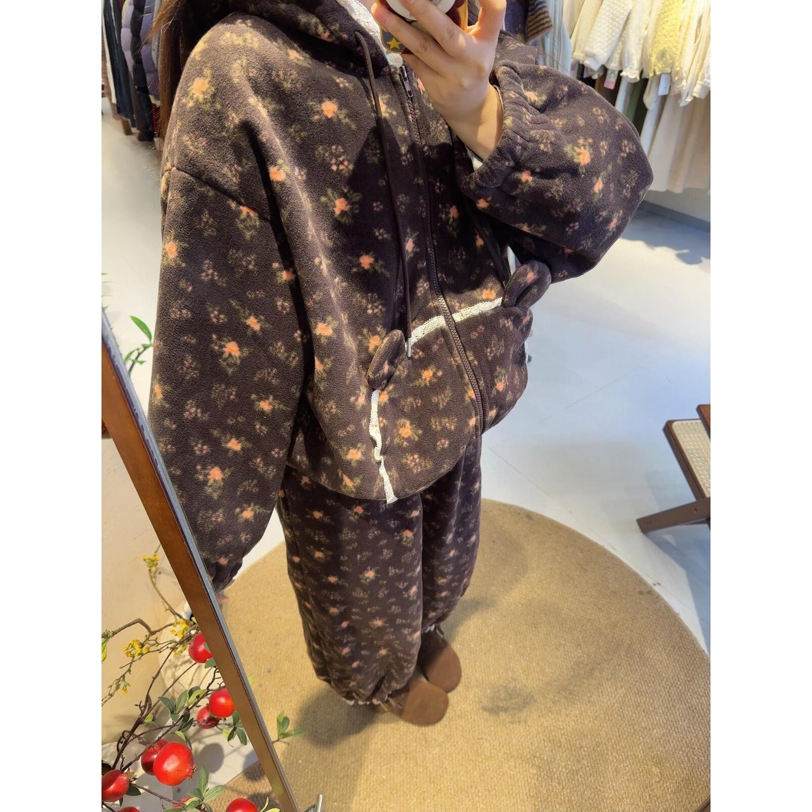 冬季新款珊瑚绒花边长袖睡衣女连帽开衫外套加厚毛茸茸家居服套装